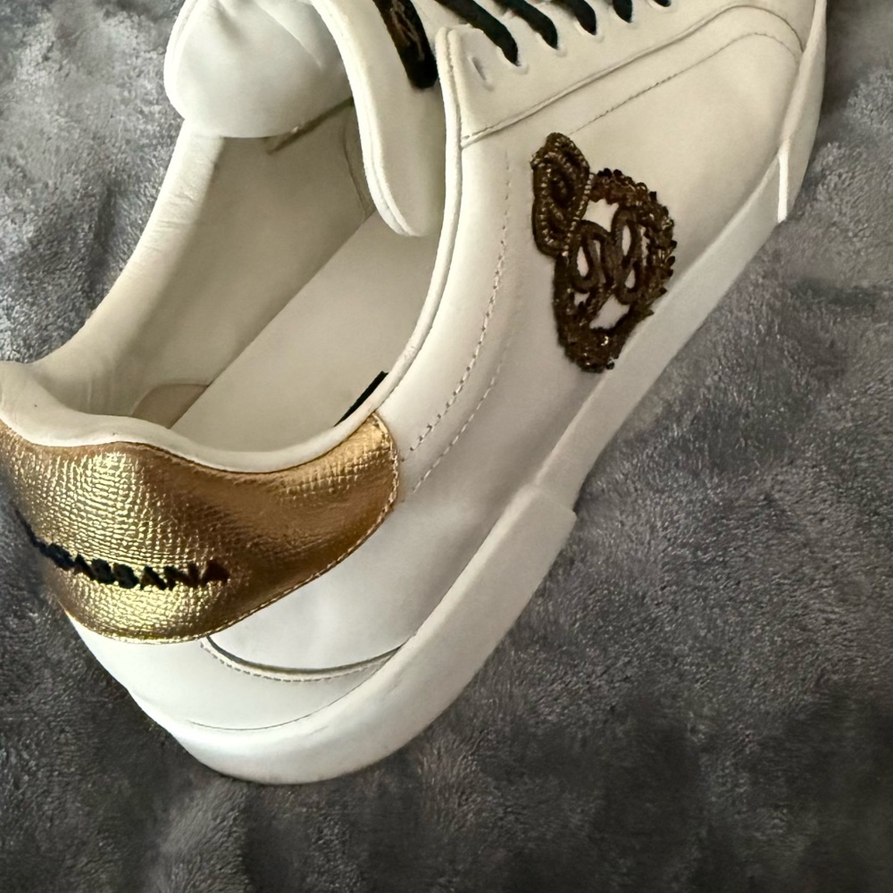 Dolce & Gabbana White Sneakers with Gold Heel Accent